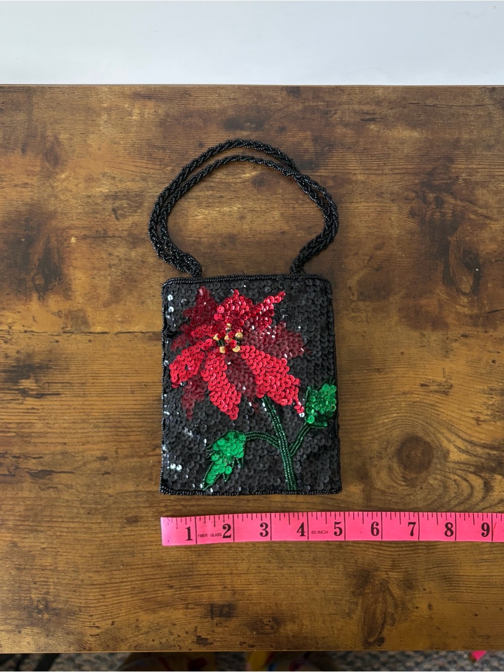 Small Vintage Sequin bag with Beaded Wrist Strap Evening purse with Zipper 6”X5” - Picture 5 of 10